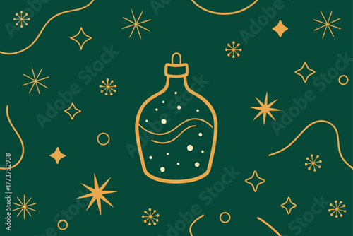 A vintage Christmas greeting card design with a champagne bottle, glass, and festive holiday celebration illustration