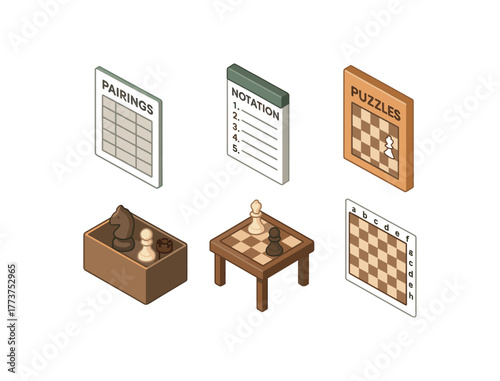 isometric icon items isolated on white background playing chess tournament pairings chart playing chess notation pad playing chess puzzle booklet playing chess piece storage box playing