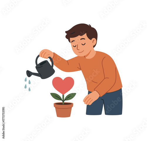 person watering heart shaped plant emotional growth and nurturing intelligence metaphor flat vector illustration style isolated on white background