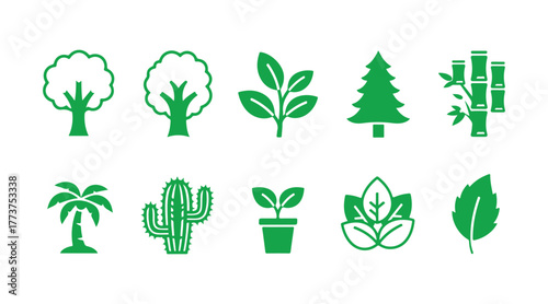 Tree Vector Line Icon Collection. Features icons like Wood, Plant, Pine, Cactus, Bamboo, and others.

