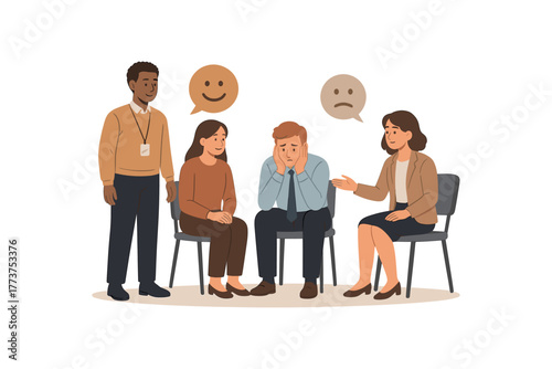team practicing daily emotional check unique corporate empathy ritual flat vector illustration style isolated on white background