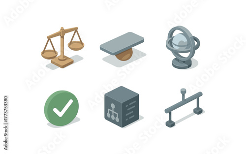 isometric icon items isolated on white background balance scale beam balance board rocker balance gyro sensor balance check indicator balance algorithm module balance stability bar