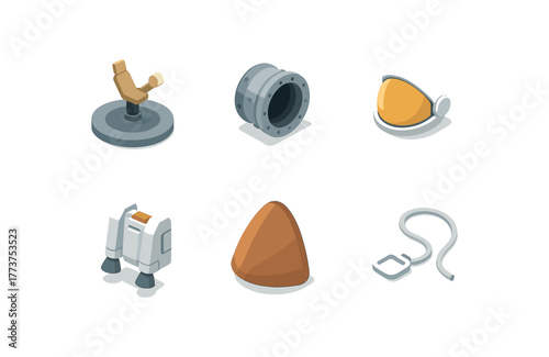 isometric icon items isolated on white background astronaut training centrifuge astronaut docking port astronaut visor antiglare astronaut jetpack unit astronaut reentry shield astronaut