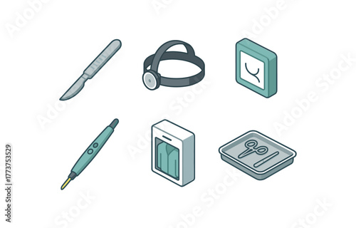 isometric icon items isolated on white background surgeon scalpel handle surgeon headlight loupe surgeon suture pack surgeon electrocautery pencil surgeon gown dispenser surgeon instrument