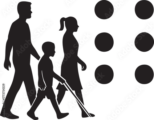 "Family Walking – Blind Child Using Cane with Braille Dots"