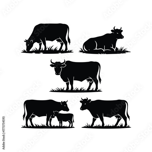 Cow Family Silhouette Set Livestock Clipart Design