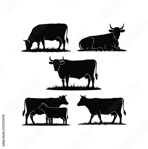 Cows and Calf Silhouette Collection Farm Livestock Vector Art