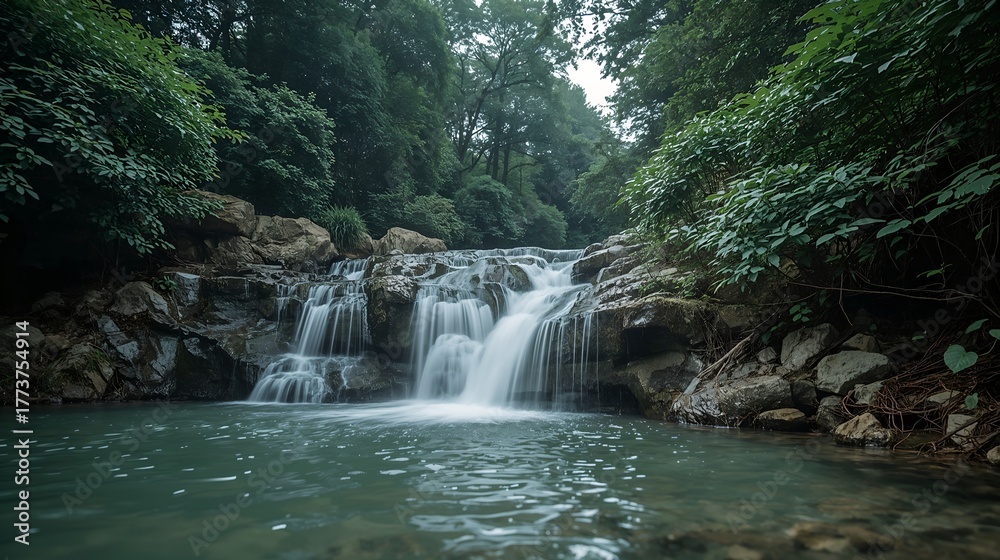 Naklejka premium a serene and picturesque view of a cascading waterfall flowing gently into a calm pool of water, surrounded by lush greenery