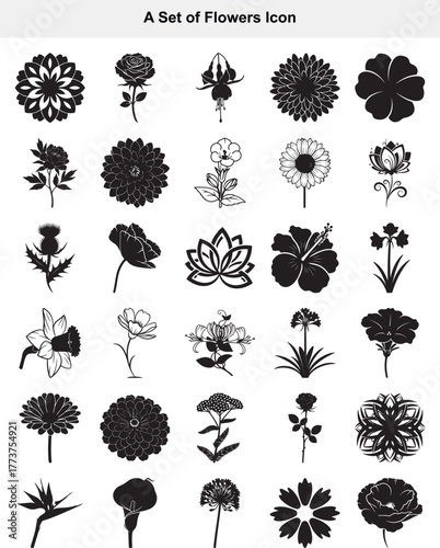 Diverse Floral Silhouette Vector Icons for Botanical Design Elements