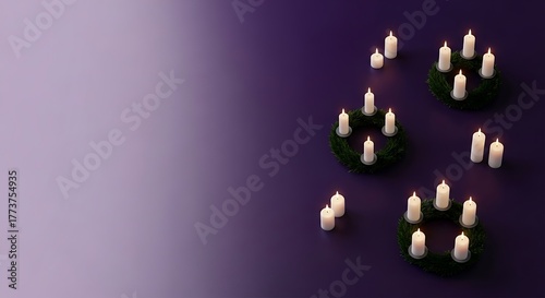 Christmas Background with Purple Gradient and Candles with Advent Wreaths on Dark Side