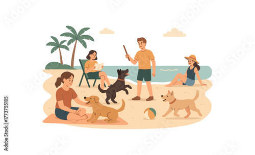 pet friendly beach with dogs playing and owners enjoying outdoor leisure flat vector illustration style isolated on white background