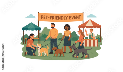 pet friendly community event outdoor festival welcoming pets and owners flat vector illustration style isolated on white background