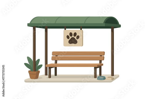 pet friendly bus stop with shaded seating and water bowls for animals flat vector illustration style isolated on white background