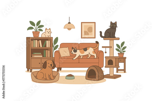 pet friendly apartment interior furniture layout and safe spaces for animals flat vector illustration style isolated on white background