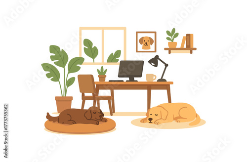 pet friendly home office space dogs resting and cozy environment for work flat vector illustration style isolated on white background