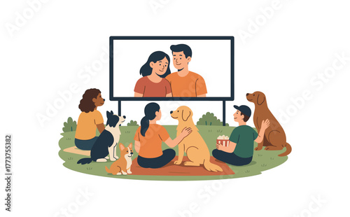 pet friendly outdoor cinema dogs and owners enjoying movie night flat vector illustration style isolated on white background