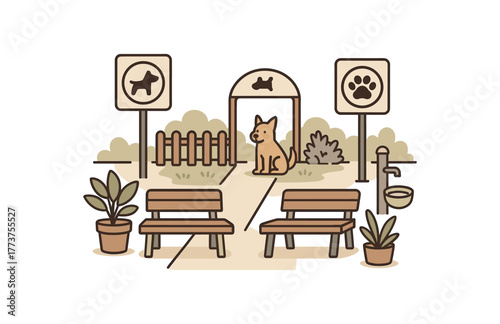 pet friendly public space design with signage and access points for animals flat vector illustration style isolated on white background