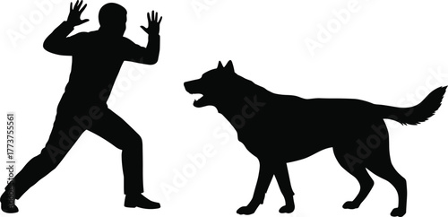 Dog confrontation silhouette, person defensive, barking, growling, fear, tension, animal behavior, danger, outdoor, aggression, threat, reaction, posture, conflict, warning