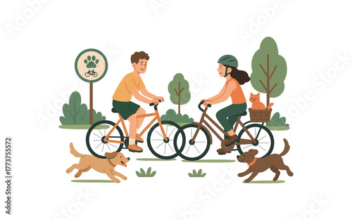 pet friendly bike path cyclists and pets enjoying outdoor activities flat vector illustration style isolated on white background