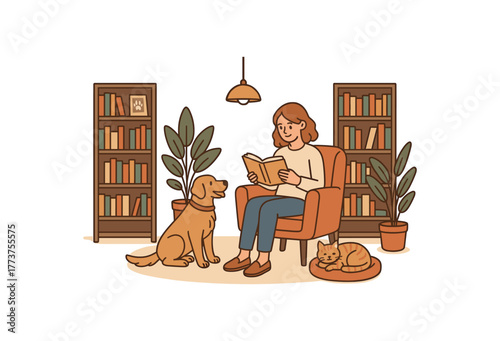 pet friendly bookstore reading lounge welcoming pets and owners flat vector illustration style isolated on white background