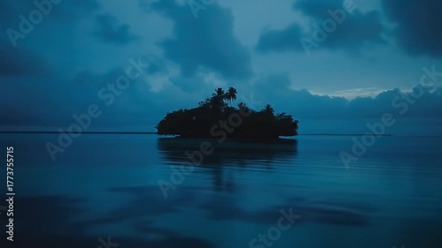 Mysterious tropical island at dusk, dark silhouette of palm trees reflecting in the calm ocean under a cloudy, indigo sky.
