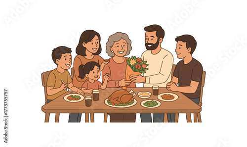 family gathering mothers day dinner celebration and togetherness flat vector illustration style isolated on white background