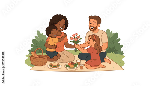 family picnic celebrating mothers day outdoors with love and laughter flat vector illustration style isolated on white background