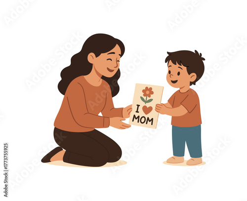 child presenting handmade gift to mom unique mothers day moment flat vector illustration style isolated on white background