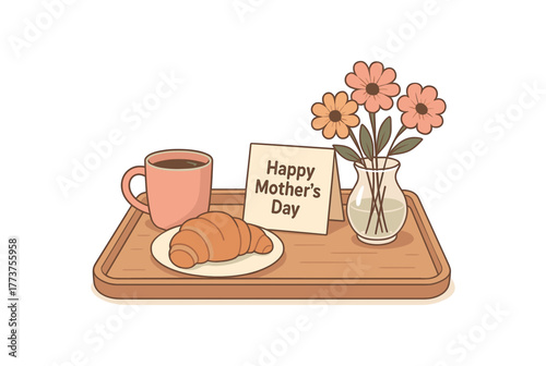 breakfast tray with flowers and card mothers day surprise and appreciation flat vector illustration style isolated on white background