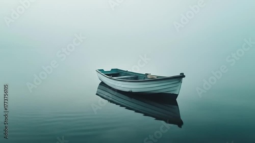 Tranquil small boat floating on perfectly still, calm water with a clear reflection, minimalist misty foggy background, serene solitude.