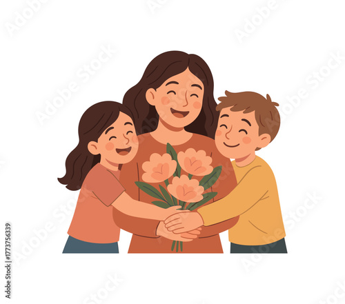 mother receiving hugs from kids joyful family celebration and gratitude flat vector illustration style isolated on white background