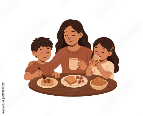 mother enjoying breakfast with children cozy mothers day morning moment flat vector illustration style isolated on white background