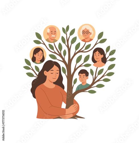 family tree growing from mother embrace concept of generations and nurturing flat vector illustration style isolated on white background