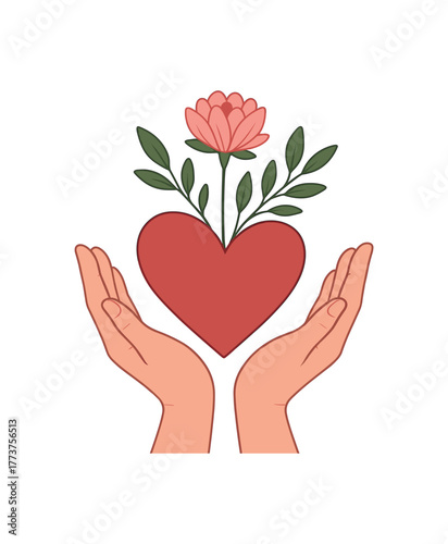 mother hands holding blooming heart symbolizing unconditional love and care flat vector illustration style isolated on white background