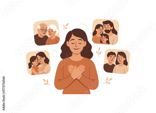 mother surrounded by floating memories symbolizing gratitude and family legacy flat vector illustration style isolated on white background