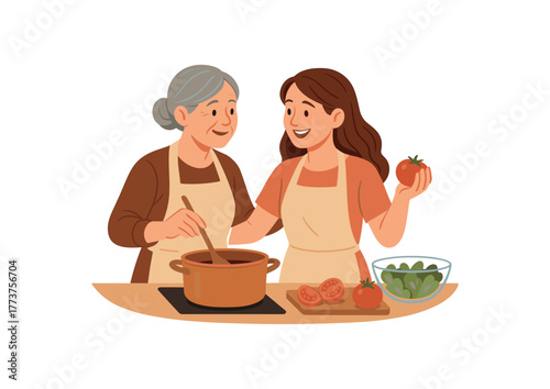 mom and adult daughter cooking together celebrating lifelong bond and tradition flat vector illustration style isolated on white background