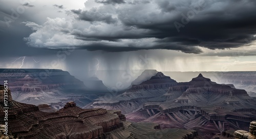 Dramatic thunderstorm over grand canyon with lightning and heavy rain