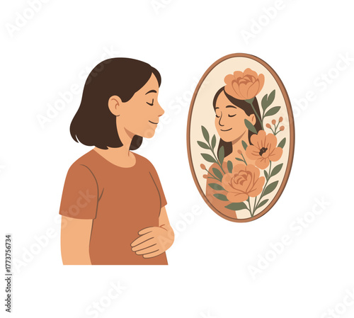 mother reflection mirror transforming into blooming flowers symbolizing inner beauty flat vector illustration style isolated on white background