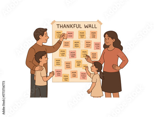 family creating thankful covered with messages for mom heartfelt tradition flat vector illustration style isolated on white background