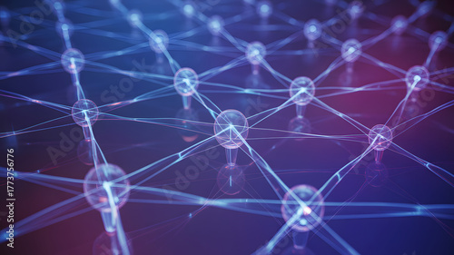 Digital Neural Network Connectivity and Data Transfer. Abstract visualization of a complex neural network or grid of glowing nodes connected by bright lines, representing data flow, AI, technology