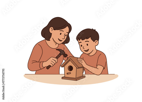 mom and son building birdhouse together shared activity and loving memory flat vector illustration style isolated on white background