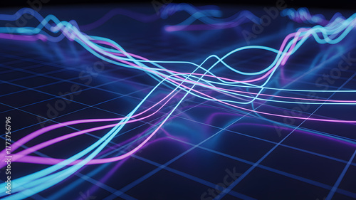 Neon Data Stream Flowing Over Grid Surface. A sleek, abstract composition of soft, flowing blue and cyan waves with a subtle gradient and reflections, evoking a sense of tranquil speed, data movement