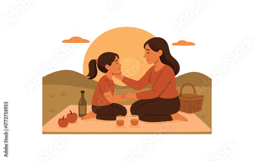 mother and daughter having sunset picnic quiet meaningful mothers day moment flat vector illustration style isolated on white background