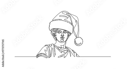 Classic statue wearing a Christmas hat in minimalist style  