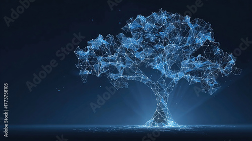 Abstract Digital Tech Tree in Low Poly Wireframe Style on Dark Blue Technology Background. Growth business and Evolution Concept. Polygonal Tree.