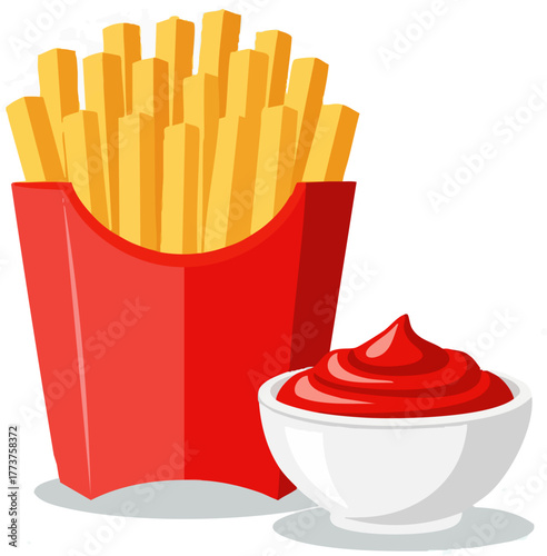 French fries in a red carton being dipped in ketchup, flat vector illustration.