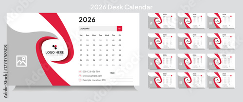Customizable desk calendar 2026 template, corporate desk calendar schedule 2026 monthly 12-page planner layout, editable vector eps 10 file format