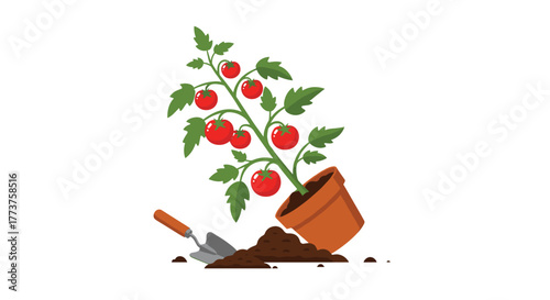 Tomato plant in a pot tipped over, with soil and a small gardening trowel next to it, depicting gardening, planting, or home-grown food.
