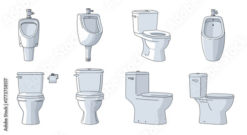 Collection of modern toilet and urinal designs in a minimalist style.