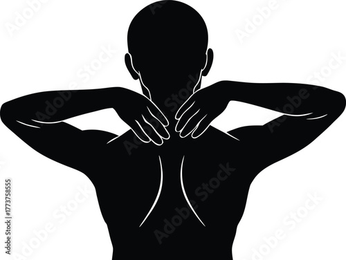 A person with their back facing the camera, hands on their neck and lower back silhouette vector